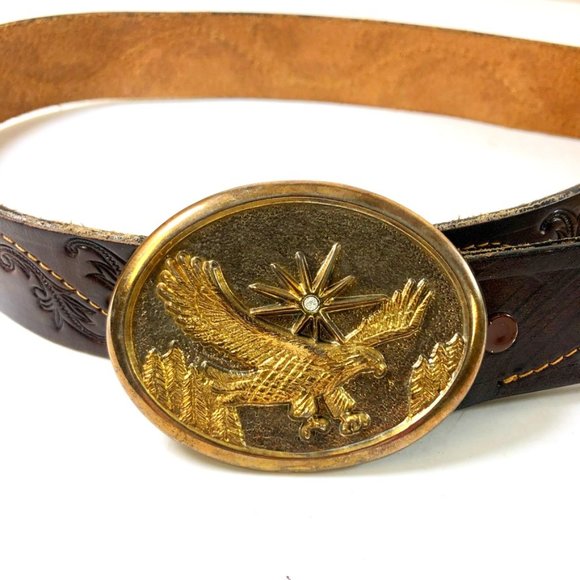 American Leather Women tooled Belt with Eagle Buckle sz 28/30